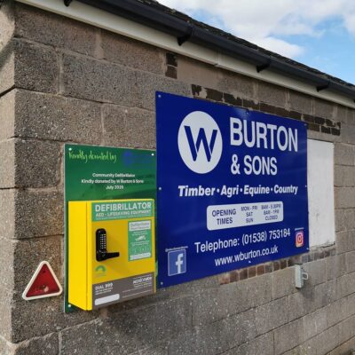 Defibrillator equipment outside Wburtons