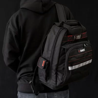 DART 24L Tool Back Pack being worn by model on back