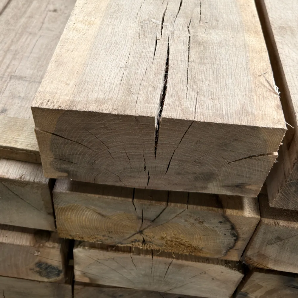 Stack of grade 2 oak sleepers showing ¾ view