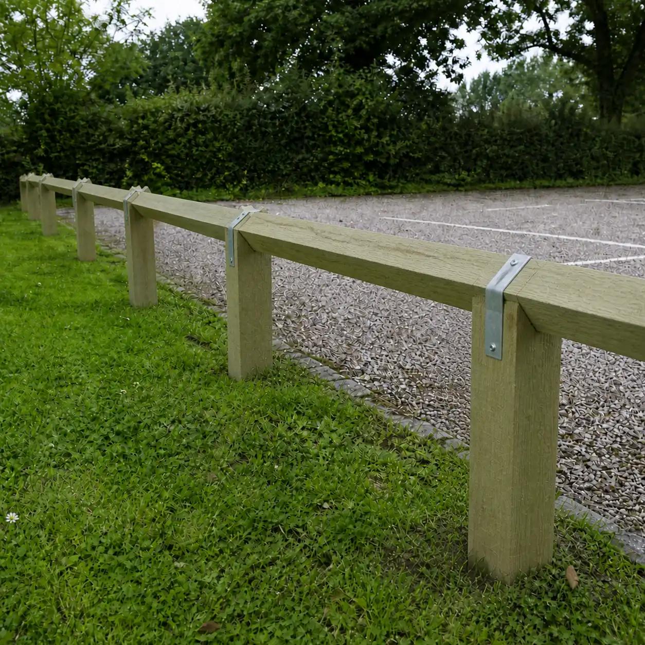 knee rail fencing featuring the bird mouth posts on a car park